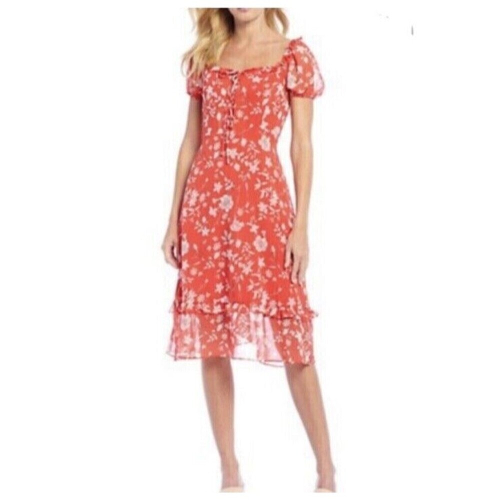 Gianni Bini Womens Knee Length Dress Size 12 Floral Chiffon Puff Sleeve Peasant